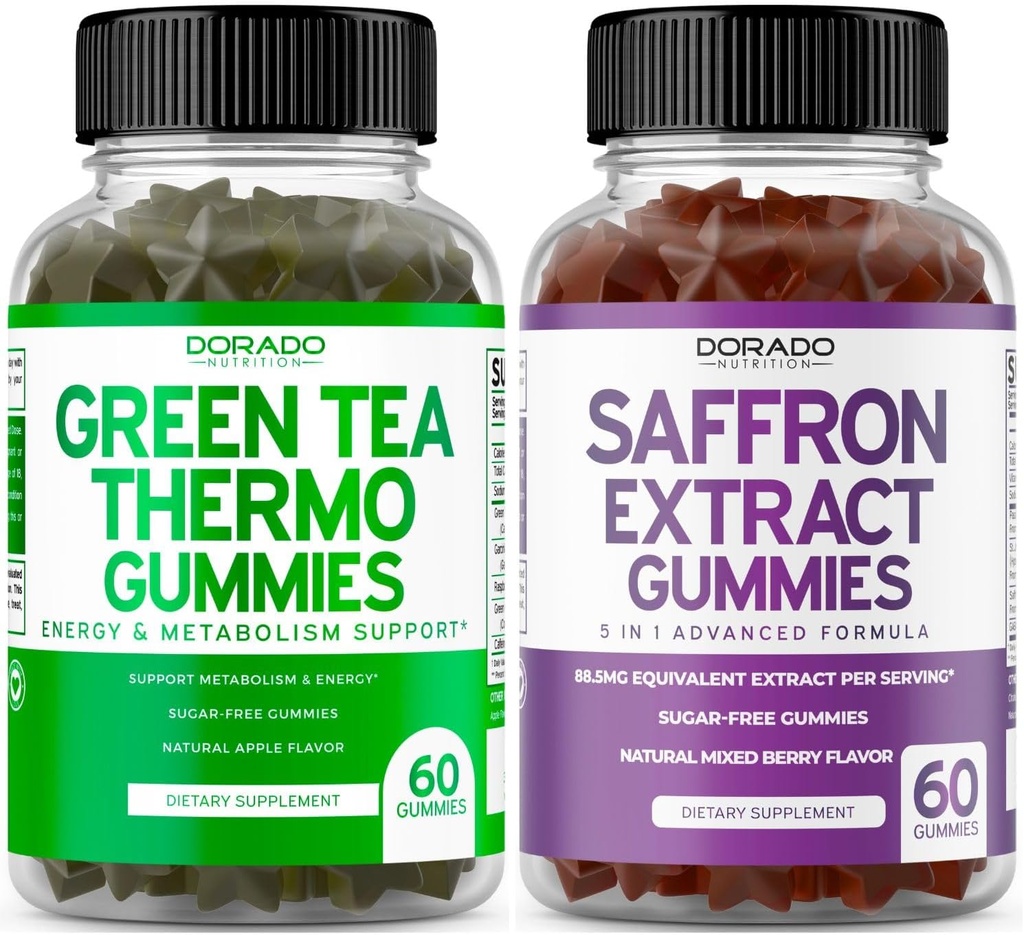 Green Tea Fat Burner (60 Compte) Perte de poids Fat Burner Suppresseur d'appétit pour les adultes et suppléments de safran (60 Gummies) Gummy Premium sans sucre - 5 en 1 Formule avancée - Vegan Safe & USA Made