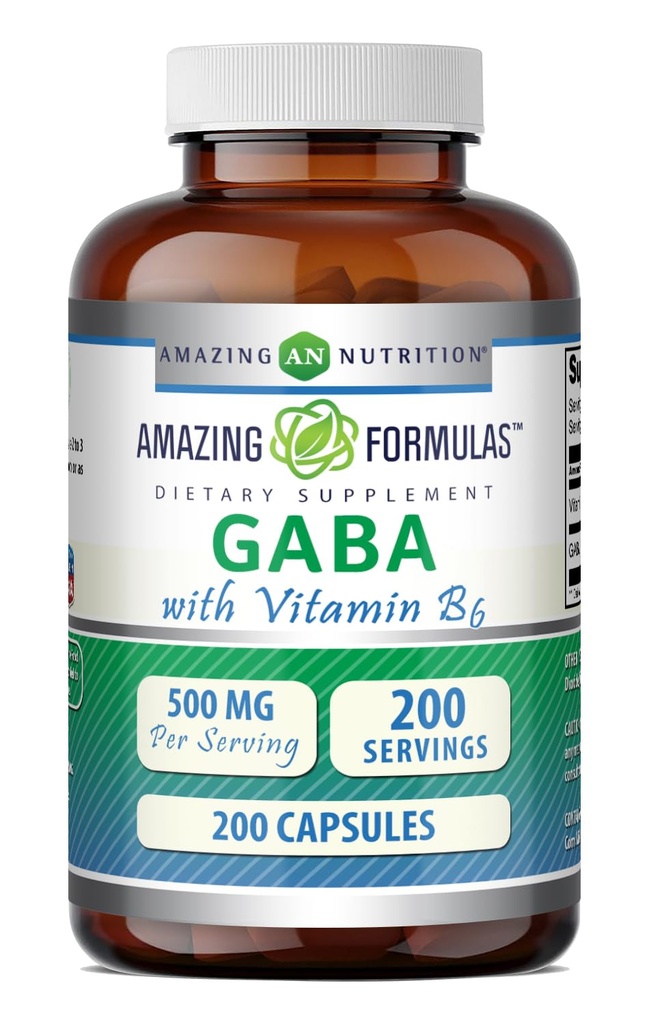 Formules étonnantes GABA avec supplément de vitamine B6 (500 Mg par portion) 200 capsules (100 mg) sans gluten (100 mg)