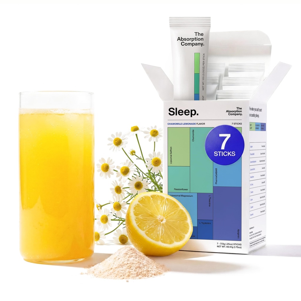 Poudre d'aide au sommeil - boisson calmante pour un sommeil profond avec safran liposomique, Magnésium et PharmaGABA supplément naturel sans mélatonine pour réduire le stress et améliorer la qualité du sommeil Camomile Lemonade 7 bâtons