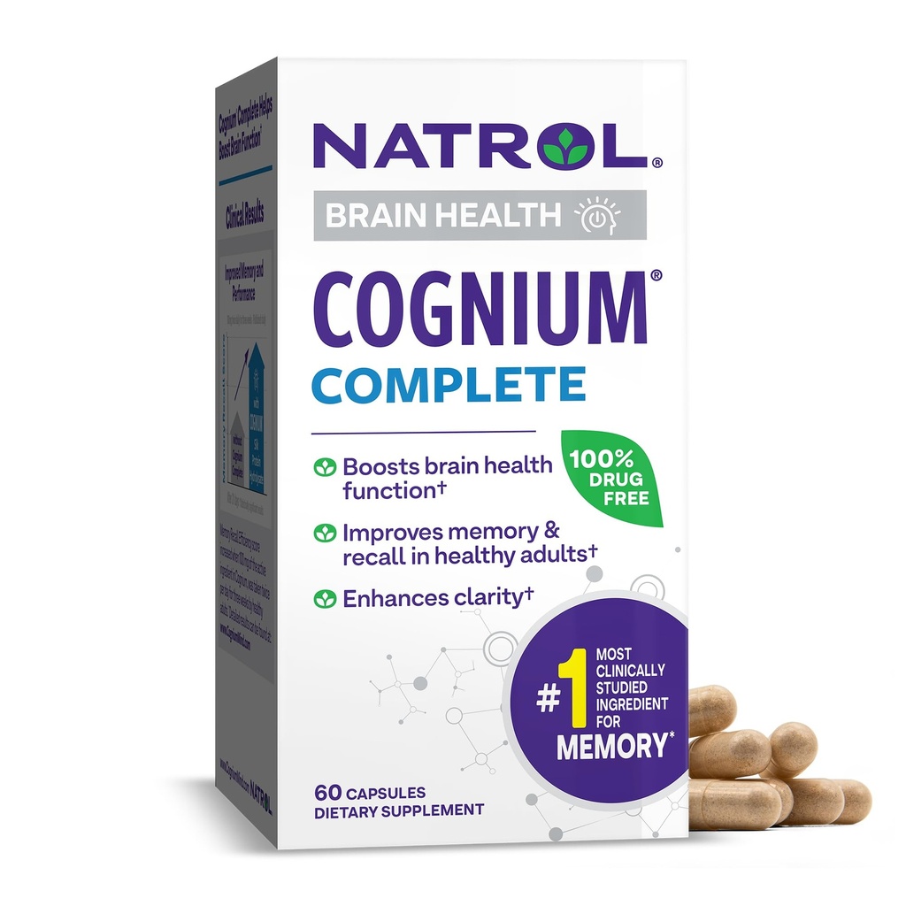 Natrol Cognium Complete, Dietary Supplement for Brain Health, Brain Health Supplements for Adults, 60 Capsules, 30 Day Supply