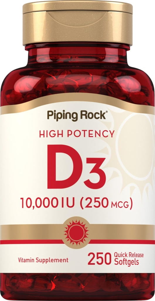 Piping Rock Vitamin D3 10000 IU | 250 mcg | 250 Softgels | Hohe Potenz | Nicht-GMO & Gluten Kostenlose Ergänzung