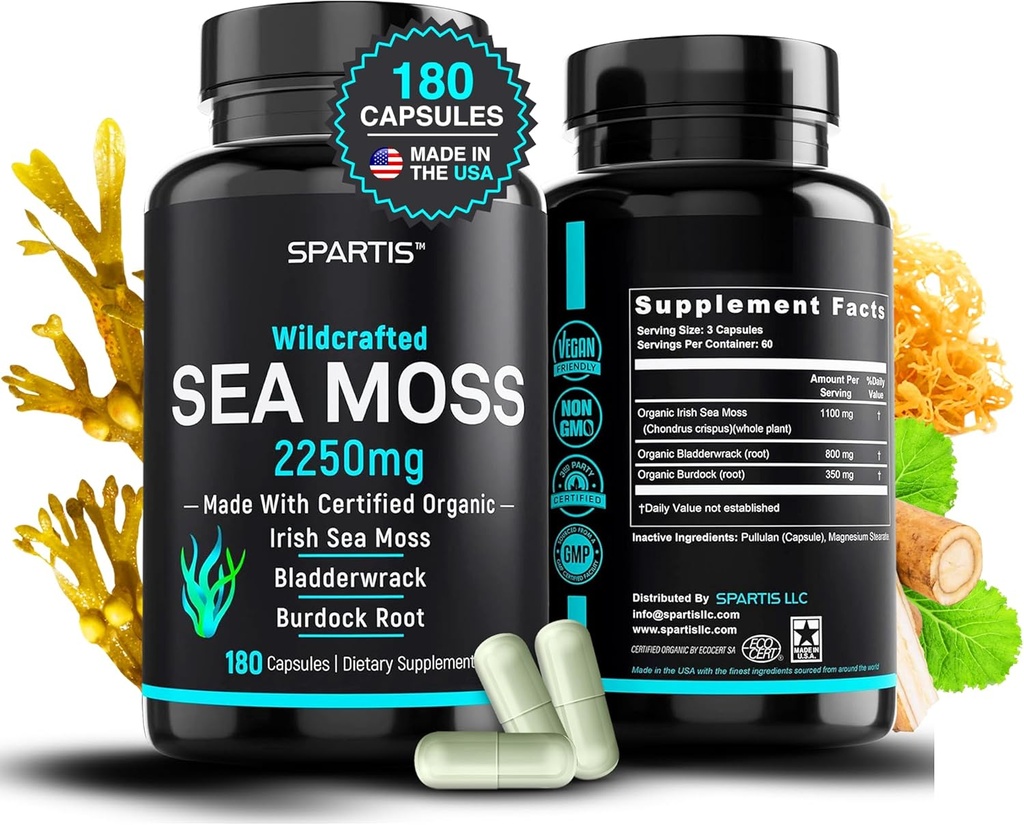 Certified Organic Sea Moss Capsules 2250mg Wildcrafted Irish Sea Moss Burdock Root Bladderwrack Supplement Raw Seamoss Pills & Powder (Pack von 1 bei 180-Caps)
