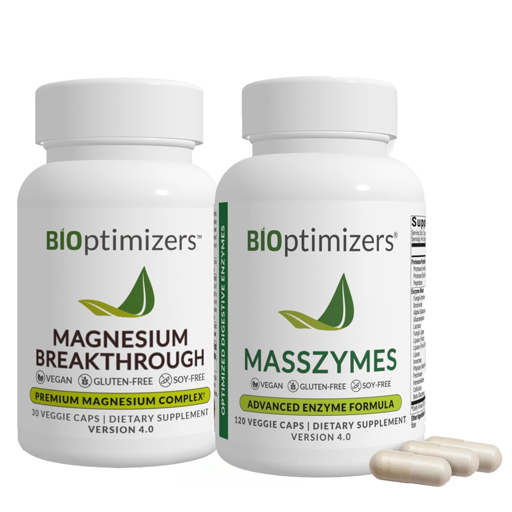 BiOptimizers Magnésium Breakthrough 4.0, (30 Capsules) et MassZymes 4.0, (120 Capsules) - Le sommeil naturel, le cerveau et le supplément de soutien de santé digestif