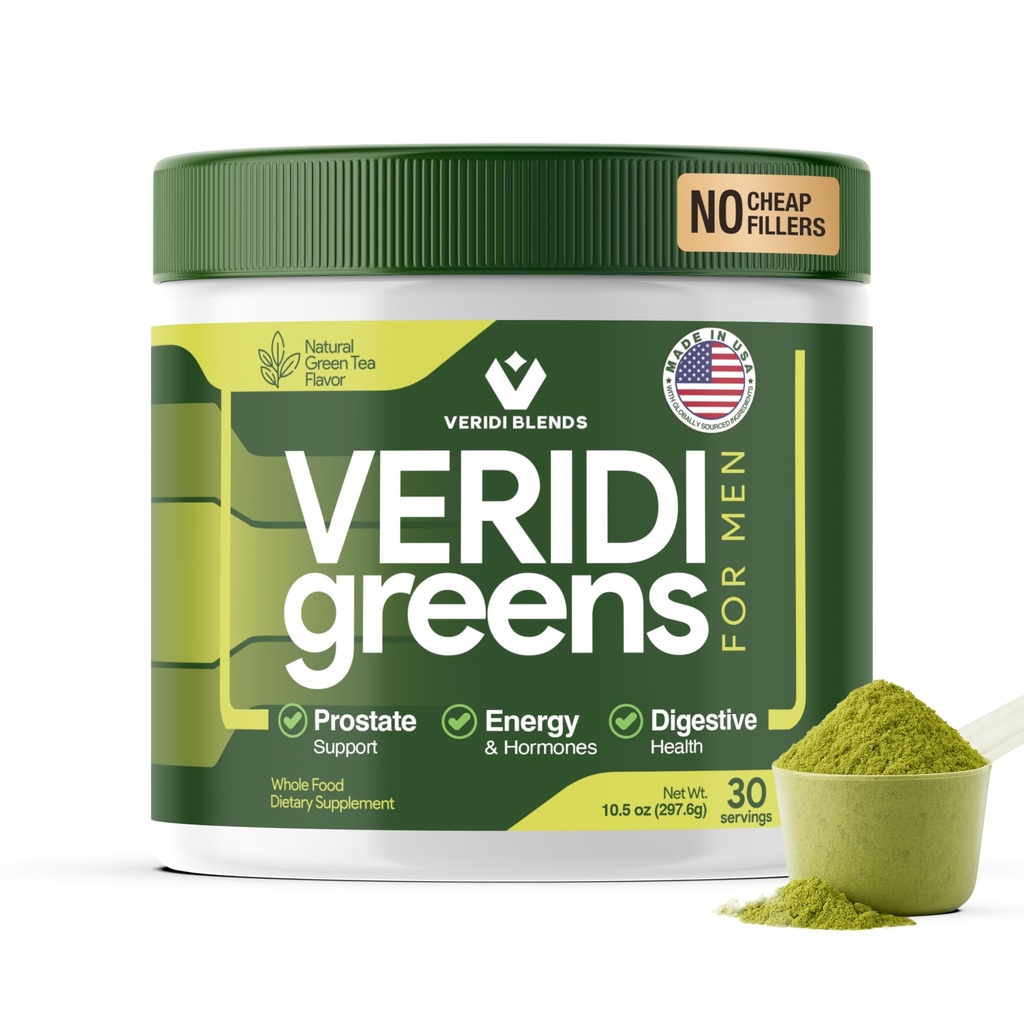 Veridi Greens for Men 40+ | Daily Superfood Greens Powder for Prostate Health, Hormon & Energy Support | Premium USA Blend mit Spirulina, Saw Palmetto, Zink & Enzymes
