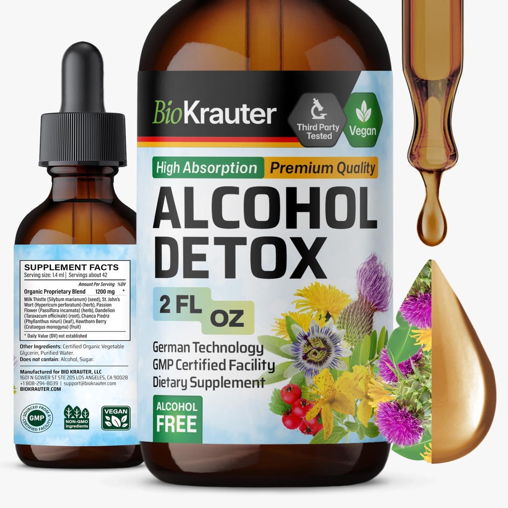 BIO KRAUTER Alkohol Detox Tincture - Leberreiniger & Detox Formel - Milchdistel & Dandelion - Leberunterstützung Flüssiger Extrakt - Alkohol und Zuckerfrei - Vegan Tropfen 2 Fl.Oz.