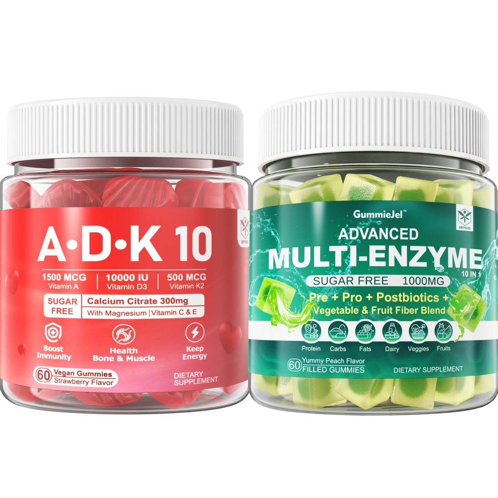 Verdauungsenzyme Gummies 1000mg Kaubar - Break Down Food Quick, 90 Billion CFU, Probiotic, Postbiotic, Prebiotic & Fiber Blend & Vitamin ADK Gummies + Calcium Magnesium Zink Supplement