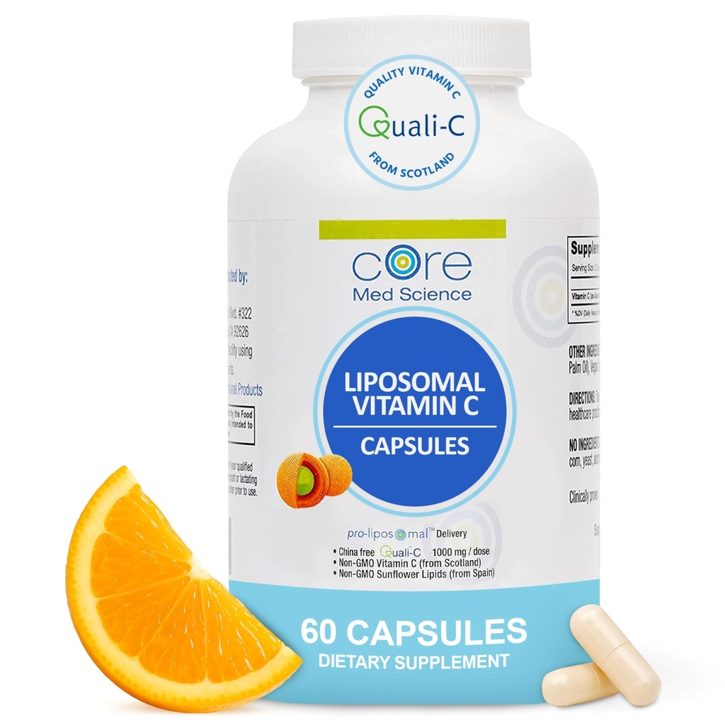 Core Med Science Liposomique Vitamine C 1000mg, 60 Capsules - Supplément Liposomique naturel non OGM Vitamine C qui favorise la santé de la peau - Système immunitaire booster pour les adultes, soutient la formation de collagène