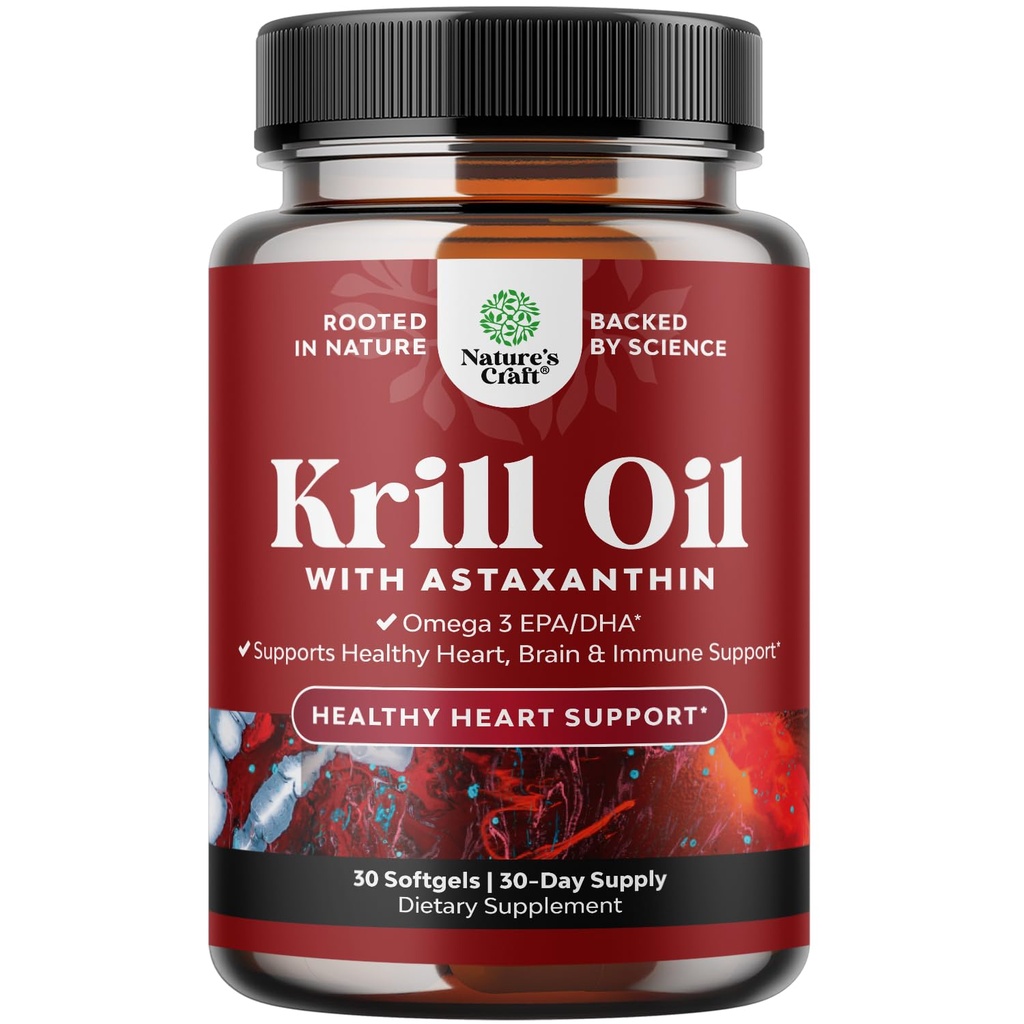 Krill Omega 3 Fish Oil Softgels - Krill EPA & DHA Fish Oil Omega 3 Supplement für Frauen und Männer für Immununterstützung, Gesundes Gehirn & Herz Gesundheit - Burpless Fatty Acids Supplement - 30 Count