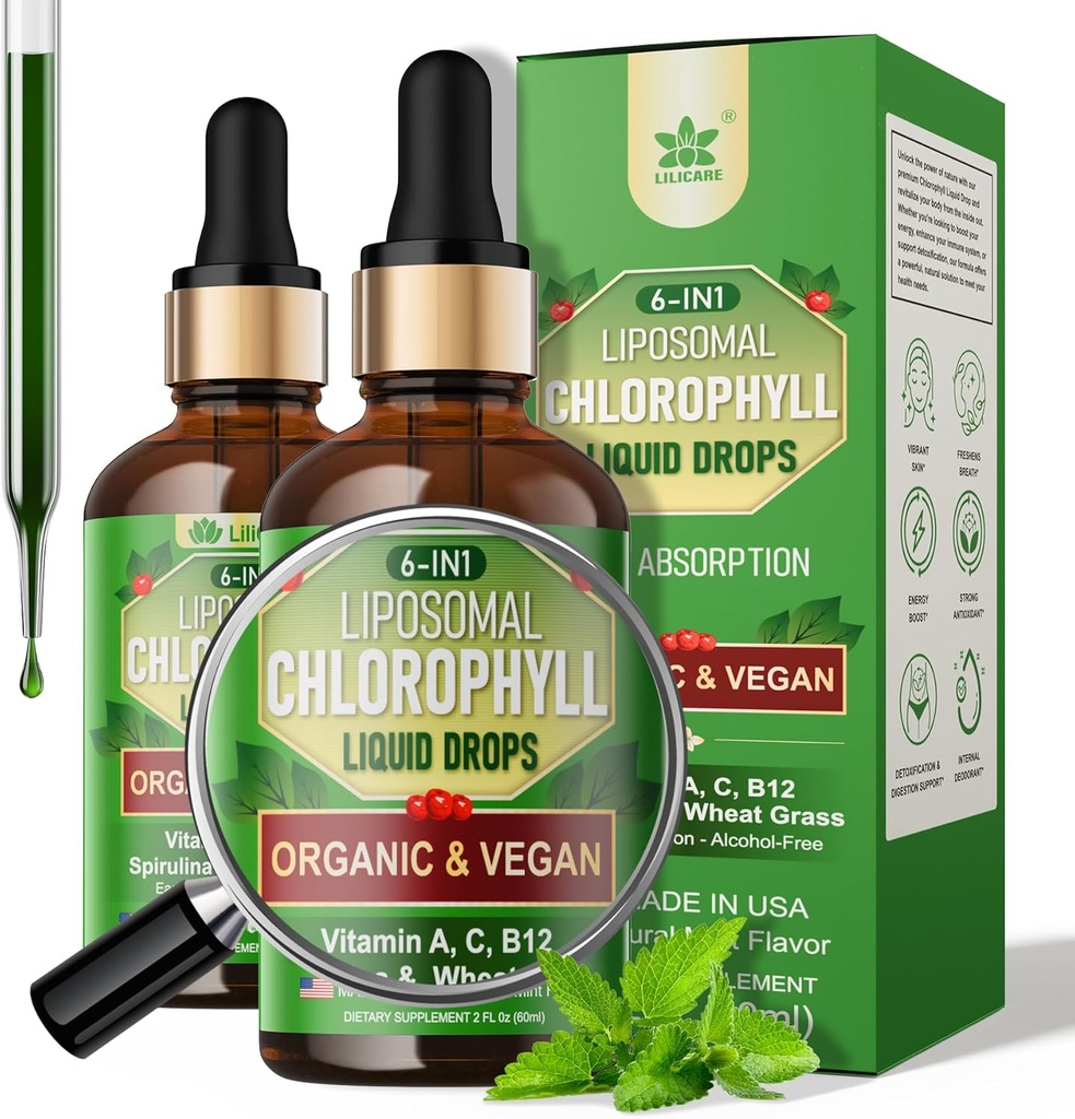 Organische Chlorophyll-Flüssigtropfen Liposomal für Damen und Herren, 6-in-1 Grüns Superfood Vegan Chlorophyll w/Spirulina, Weizengras, Vitamin C B12 A für inneres Deodorant*, Energie, Verdauung, 2Packs/4 Fl Oz