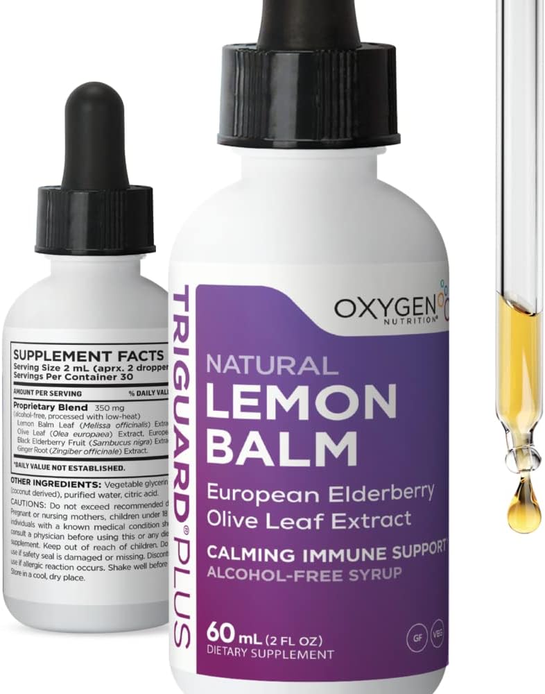 TriGuard Lemon Balm Plus - Lemon Balm Extract, Elderberry, Olive Leaf Extract Tincture 2 fl oz | Zur Berechnung, Stress Relief, Immununterstützung und Entzündung | Alkoholfrei, Non-GMO, Made in USA
