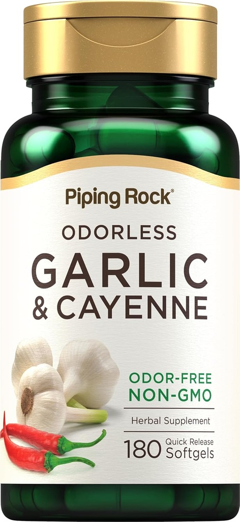 Piping Rock Odorless Knoblauch Softgels | 180 Softgels | Ergänzung mit Cayenne Extrakt | Allium Sativum | Non-GMO, Glutenfrei