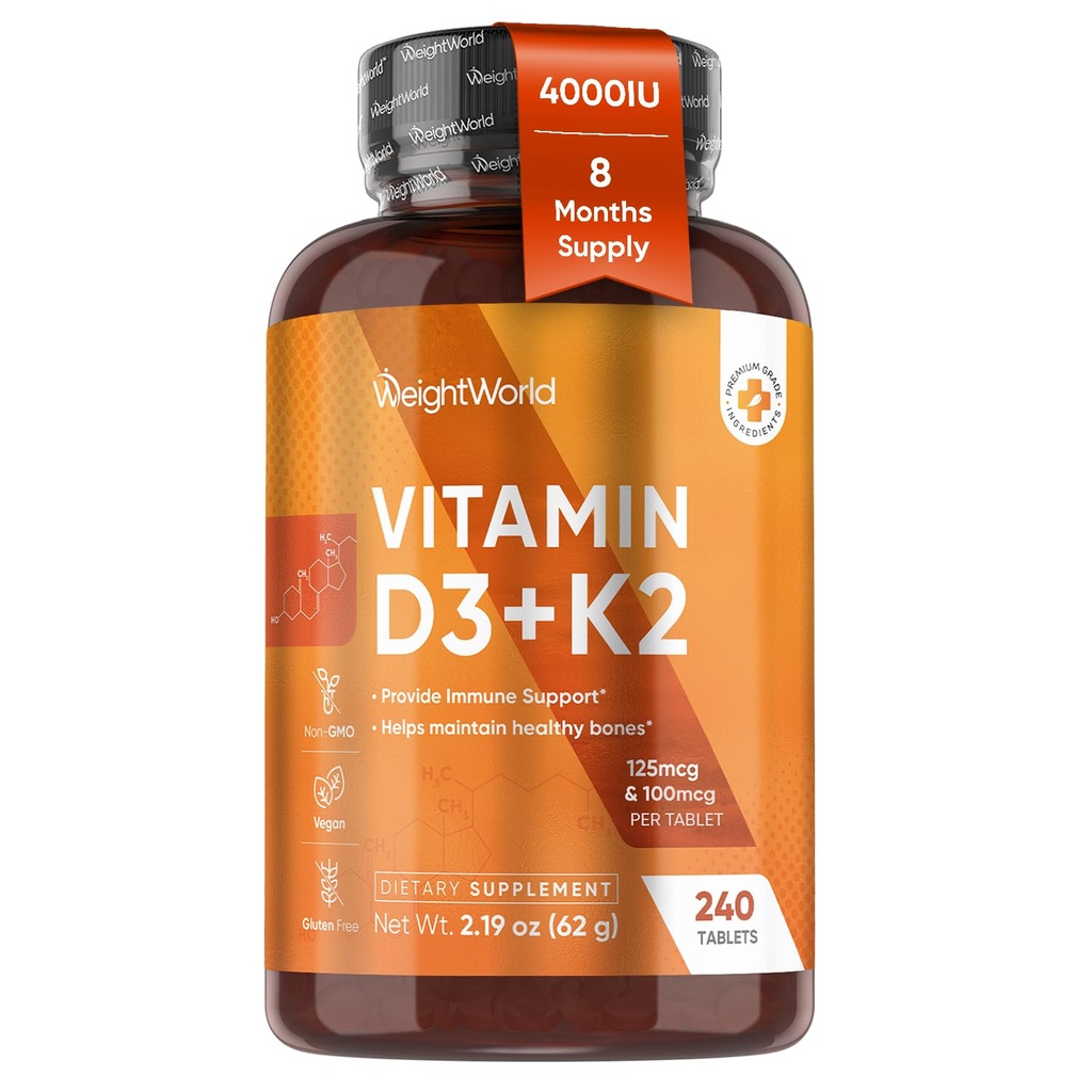WeightWorld D3 Vitamin 4000 IU + K2 125mcg | Vitamin D3 K2 für gesunde Knochen und Immununterstützung (8-Monats-Versorgung) | 240 Vegan D3K2 Tabletten | Pflanzenbasiertes VIT D3 & K2 (MK-7) | Glutenfrei, Non-GMO