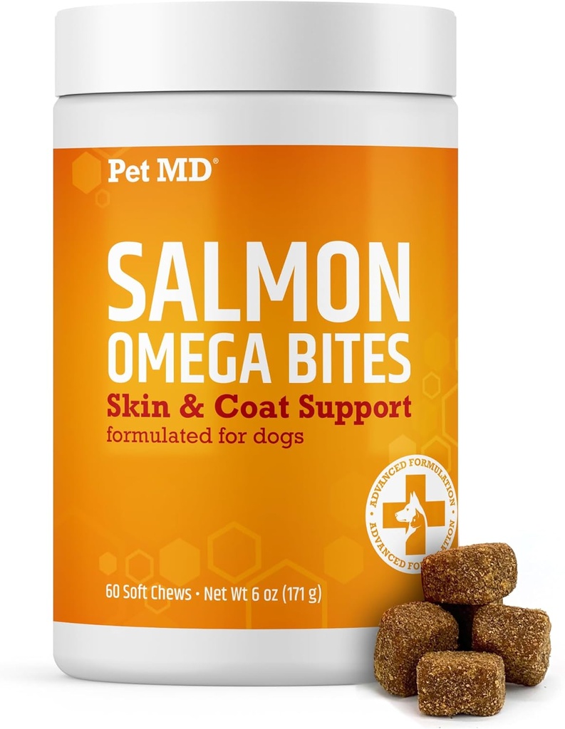 Pet MD Salmon Omega Bites für Hunde - Haut- und Mantelergänzung mit Omega 3 & 6 für Hunde Plus DHA & EPA - Promotes Allergy & Dry Skin Relief - 60ct