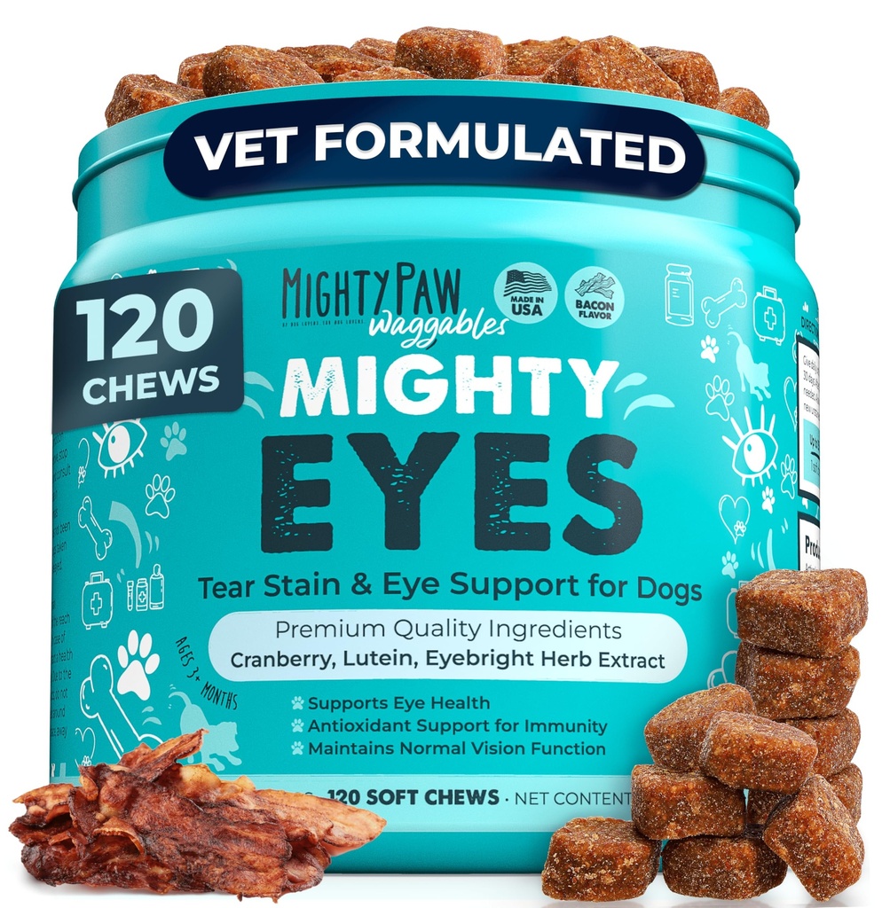 Mighty Paw Waggables Eyes (Made in USA) | Tear Stain Chews für Hunde. Vision und Tear Stain Support Supplements für Hunde. Lutein Supplement. Schmiert Augen, Immununterstützung (120 Ct)