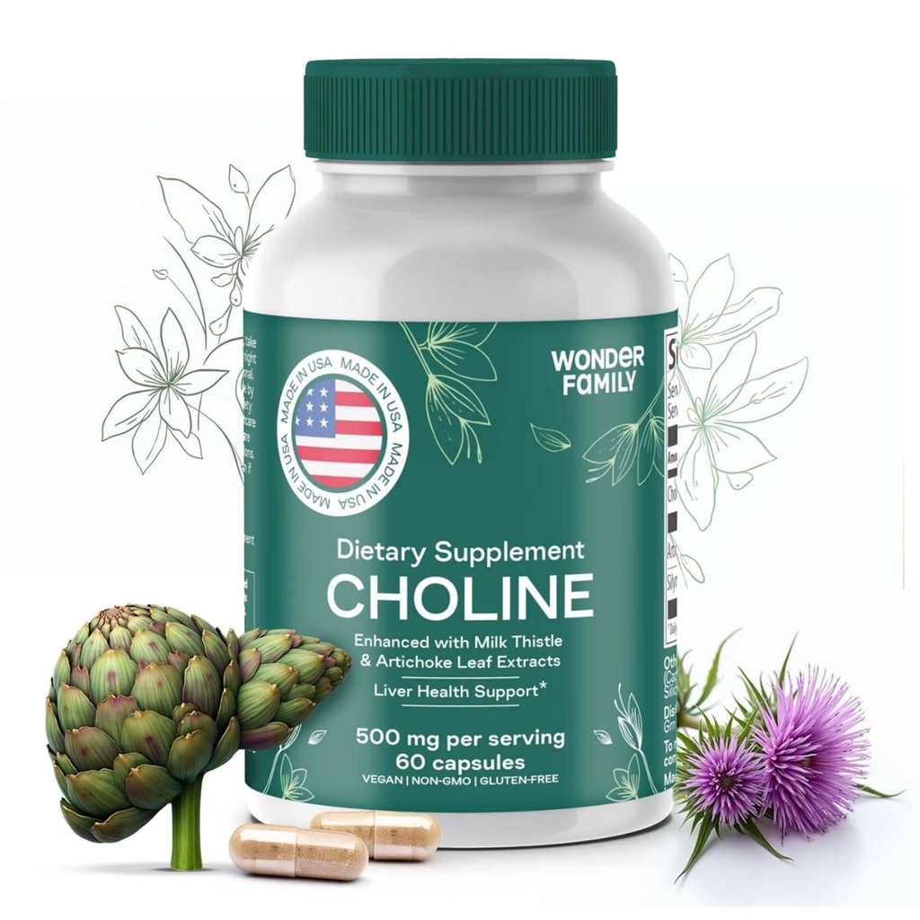Choline Bitartrate 500MG - Premium Choline Supplements - Liver Support Supplement & Gallbladder Supplements - Colina Suplemento 500 mg Orgánica - Gehirn Vitamin für Gedächtnis und Fokus - 60 Choline Caps