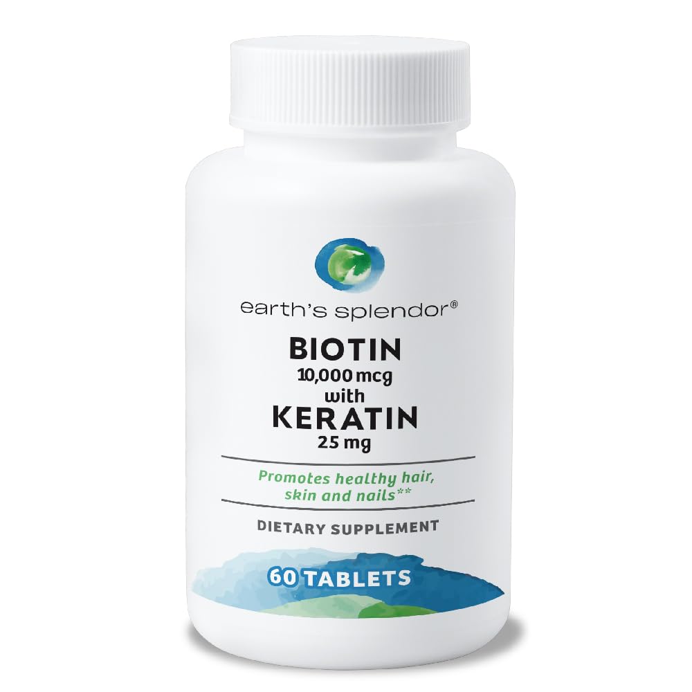 Earth's Splendor Biotin 10.000 mcg + Keratin 25mg, fördert gesundes Haar, starke Nägel und Hautunterstützung, 60-tägige Versorgung