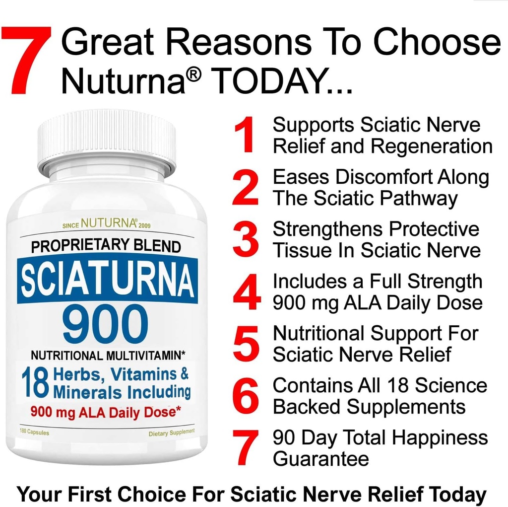 Sciatique Nerve Formule de support avec acide alpha lipoïque 900 mg - Supplément Nerve 18 en 1 Sciatique pour le bas du dos, la hanche, lombaire, jambe, pied curcumine curcumine curcuma - 180 pilules fabriqués aux États-Unis