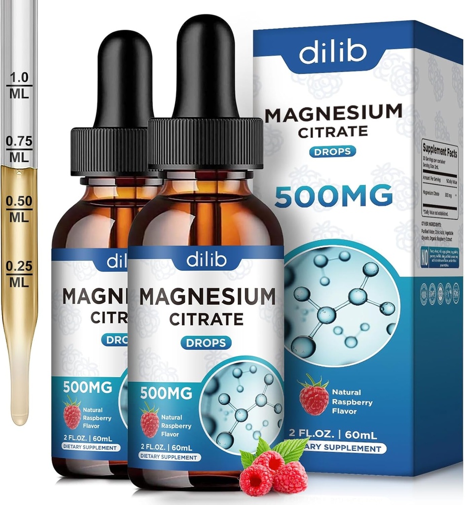 (2 Pack) Magnesium Citrat flüssige Magnesium Tropfen Supplement 500mg-Support Stress Relief, Knochen, Muskel, Stimmung, Schlaf-4 Fl Oz, Vegan, Himbeer Geschmack