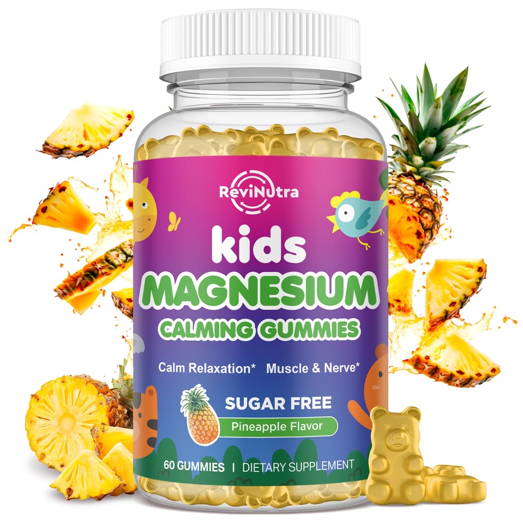 Gommies de magnésium pour enfants, Glycinat de magnésium pour enfants et adultes avec L-Theanine, Camomille, réglisse, vitamine D, B6 pour le sommeil, relaxation, cerveau et muscles, ananas sans sucre 60ct