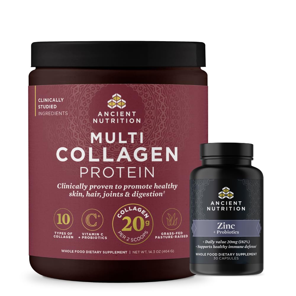 Ancient Nutrition Capsules de zinc, 30 Compte + Poudre de protéines multicollagènes, Sans saveur, 40 portions