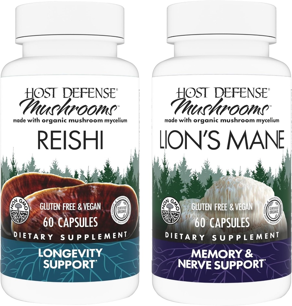 Host Defense Bundle mit Reishi Capsules, 60 Count & Lion's Mane Capsules, 60 Count - Unterstützung Herz & Immune Gesundheit - Unterstützung Gehirn Gesundheit, Gedächtnis & Fokus*