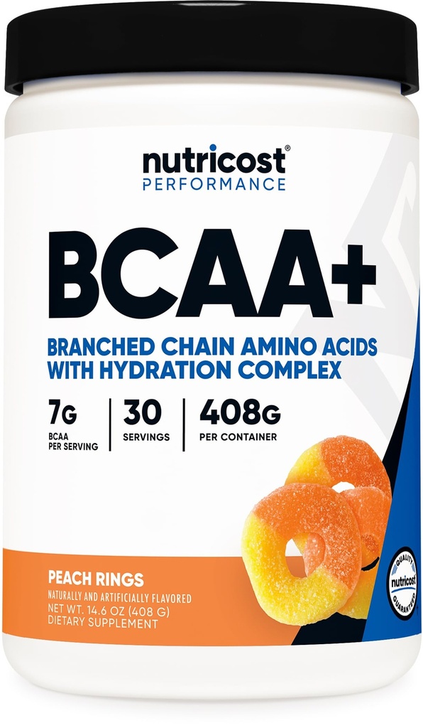 Nutricost BCAA + Poudre d'hydratation (Anneaux de pêche) 30 portions - Acides aminés à chaîne ramifiée avec complexe d'hydratation - Sans gluten, sans OGM