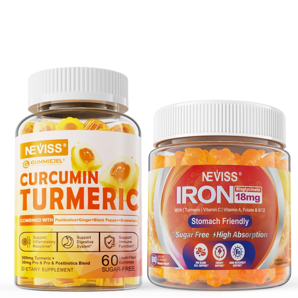 Zuckerfreie Kurkuma Curcumin gefüllte Gummis 550mg für Erwachsene,Vegan Eisen Gummis Supplement mit Vitamin C