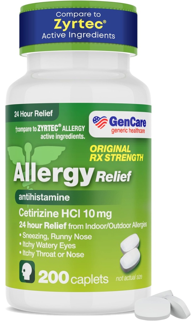 GenCare - Cetirizine HCL 10 mg (200 Caplets) - 24 Hour Allergy Relief Pillen - Non Drowsy Generic OTC Allergy Medication - Antihistamine Medicine for Sneezing, Runny Nose & Itchy Eyes - Generische Zyrtec