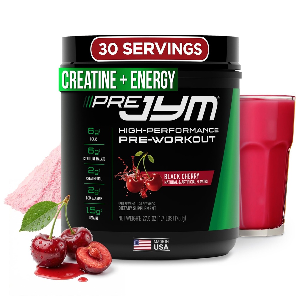 Supplément JYM Science Pre JYM Black Cherry Pre Workout Poudre pour hommes et femmes, BCAA, Nootropics, Creatine HCI, Citrulline, Beta-Alanine, Betaine, Taurine, Huperzine, 30 portions