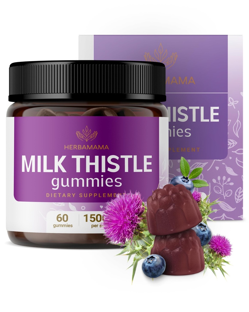 HERBAMA Milk Thistle Supplement - 1500mg Milk Thistle Seed Gummis für Leberreiniger - Vegan, Non-GMO Liver Unterstützung mit Silybum Marianum - 60 Pectin-Based Blueberry-Flavored Chews