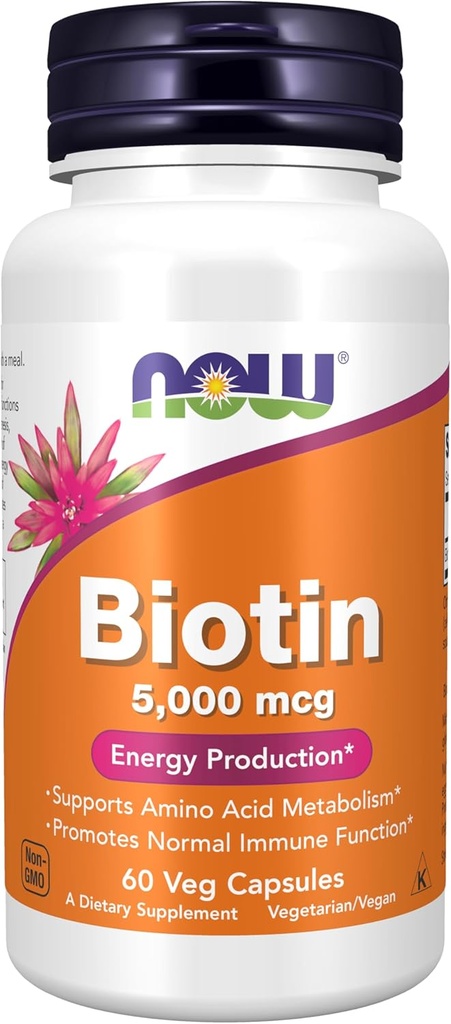 MAINTENANT Compléments alimentaires, Biotine 5 000 mcg, Métabolisme de l'acide amino*, Production d'énergie*, 60 gélules