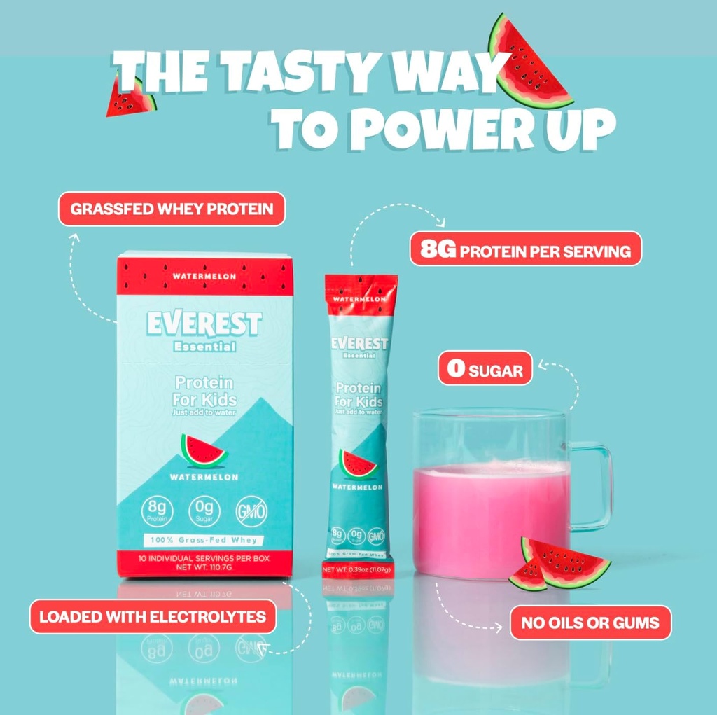 Everest Essential, Poudre de protéines de lactosérum clair pour enfant (Watermelon, 10 paquets) Mélange de boissons protéiques pour enfants, électrolytes pour enfants, 8g de protéines par portion, non OGM, Zéro sucre ajouté