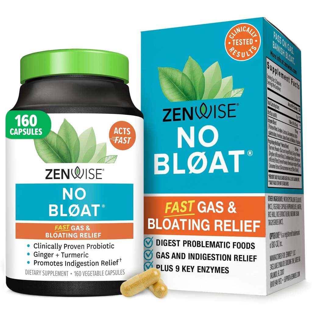 Zenwise Health No Bloat Digestive Enzyme for Gut Health, Gas & Bloating Relief - Multi Enzymes Digestion Supplement mit Probiotics, Ginger, Turmeric Dandelion & Lactase - Men & Women - 160 Count