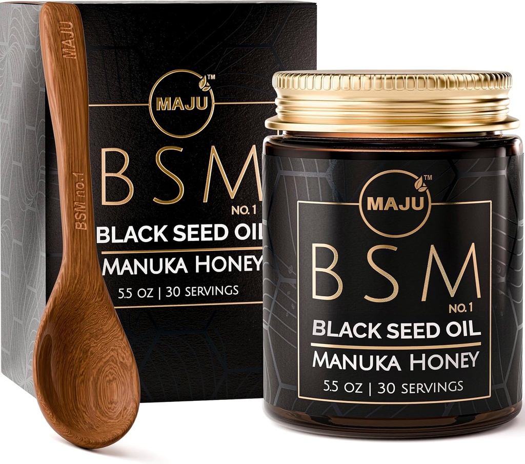 MAJU 3-in-1 Schwarzes Samenöl, Manuka Honey & Seeds (Traditional Style) BSM Nr. 1, Sweet & Crunchy Kräutermischung, Nigella Sativa Öl und Samen, Unpasteurized & Raw Monofloral Manuka Honig Neuseeland