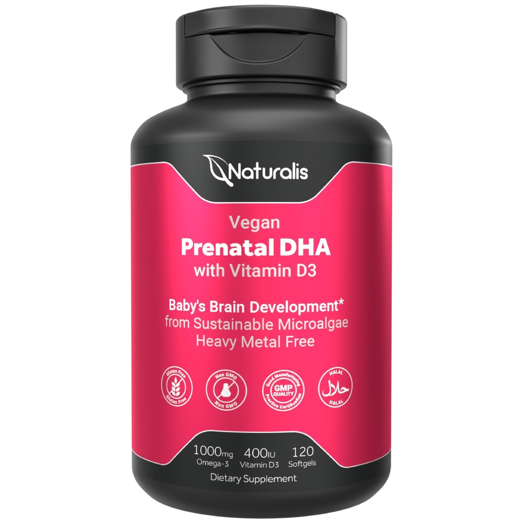 Naturalis Vegan Pränatal mit Full Specrum Omega-3 | Algae DHA, EPA, DPA, Vitamin D3 & Active Folic L 5-MTHF | Vegan Society Certified, Sustainable Sourced, Non-GMO & Soy Free | 120 Veggie Softgels
