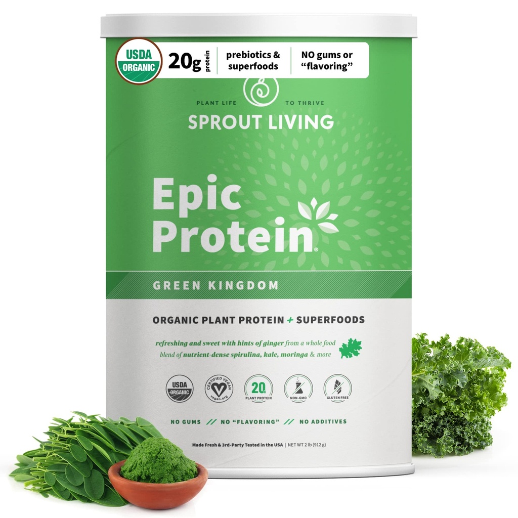 Sprout Living Epic Protein, Plant Based Protein & Superfoods Powder, Green Kingdom | 20 Grams Organic Protein Powder, Greens, Vegan, Non Dairy, Non-GMO, Glutenfrei, Low Sugar (2 Pfund, 24 Portionen)
