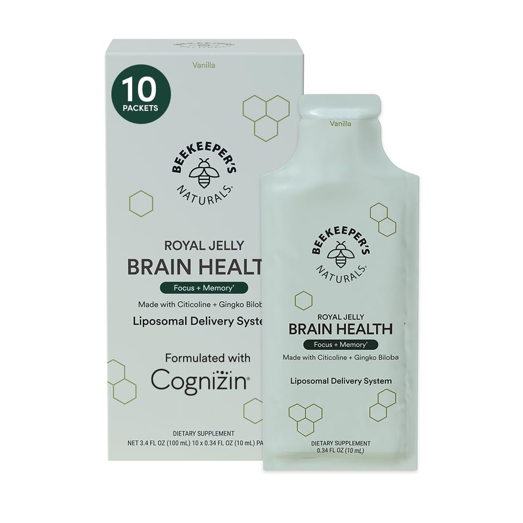 Nootropic Brain Ergänzung von Beekeeper's Naturals, 500 mg Citocoline, Ginkgo Biloba, Bacopa Monnieri & Royal Jelly, unterstützt Fokus & Gedächtnis, einfachere Absorption, Plus ein Tasty Vanilla Flavor, 10ct