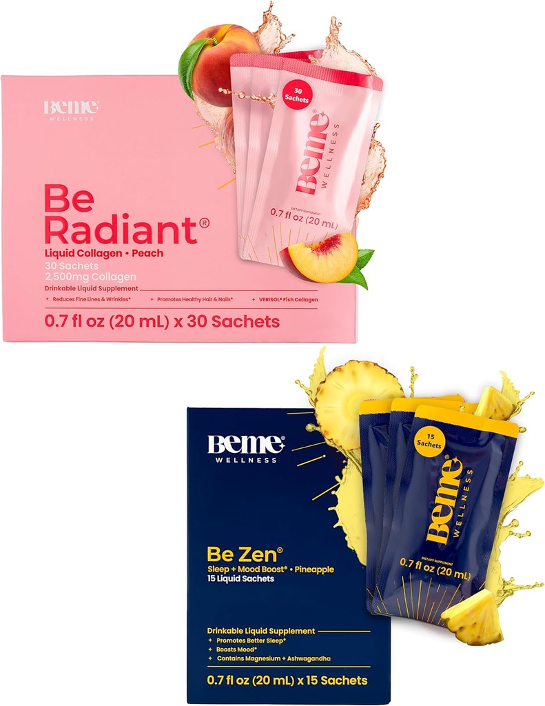 BeMe BeRadiant Peach & BeZen Bundle - Flüssige Kollagen & Magnesium Glycinat L-Theanin Ergänzungen