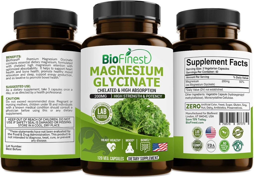 Supplément de 200mg de glycinate de magnésium chélaté Biofinest - Mouvement Cœur Santé de l'intestin Métabolisme de l'énergie Immuni - Fabriqué aux États-Unis (120 Capsules)