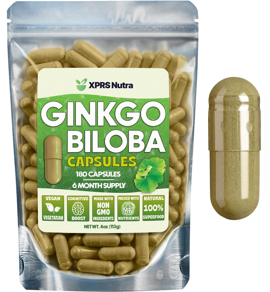XPRS Nutra Ginkgo Biloba Capsules - Gingko Biloba Suppléments encapsulés pour la cognition - Ginkoba Biloba - Immunity Boosting Ginkgo Biloba Capsules - 180 Compte
