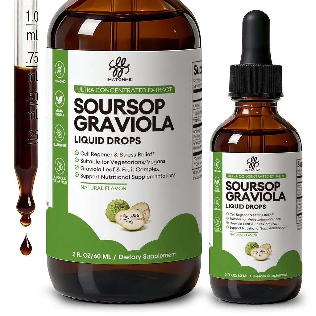 iMATCHME Soursop Graviola Liquid Drop for Cell Support & Regeneration, Immune System and Gut Health Support, Soursop Bitters Liquid, Herbal Goodness, Sugar/Gluten Free, Natural Flavor, 2 Fl Oz