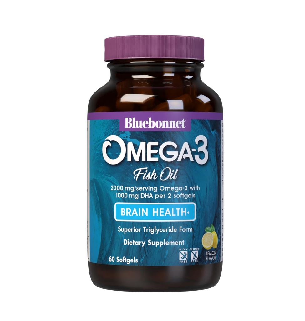 Bluebonnet Nutrition Omega-3 Brain Formula Natural Wild Caught Triglycerid Form DHA 860 mg EPA 120 mg - Highly Concentrated Cognitive Health & Wellness Support Supplement - Glutenfrei - 60 Softgels