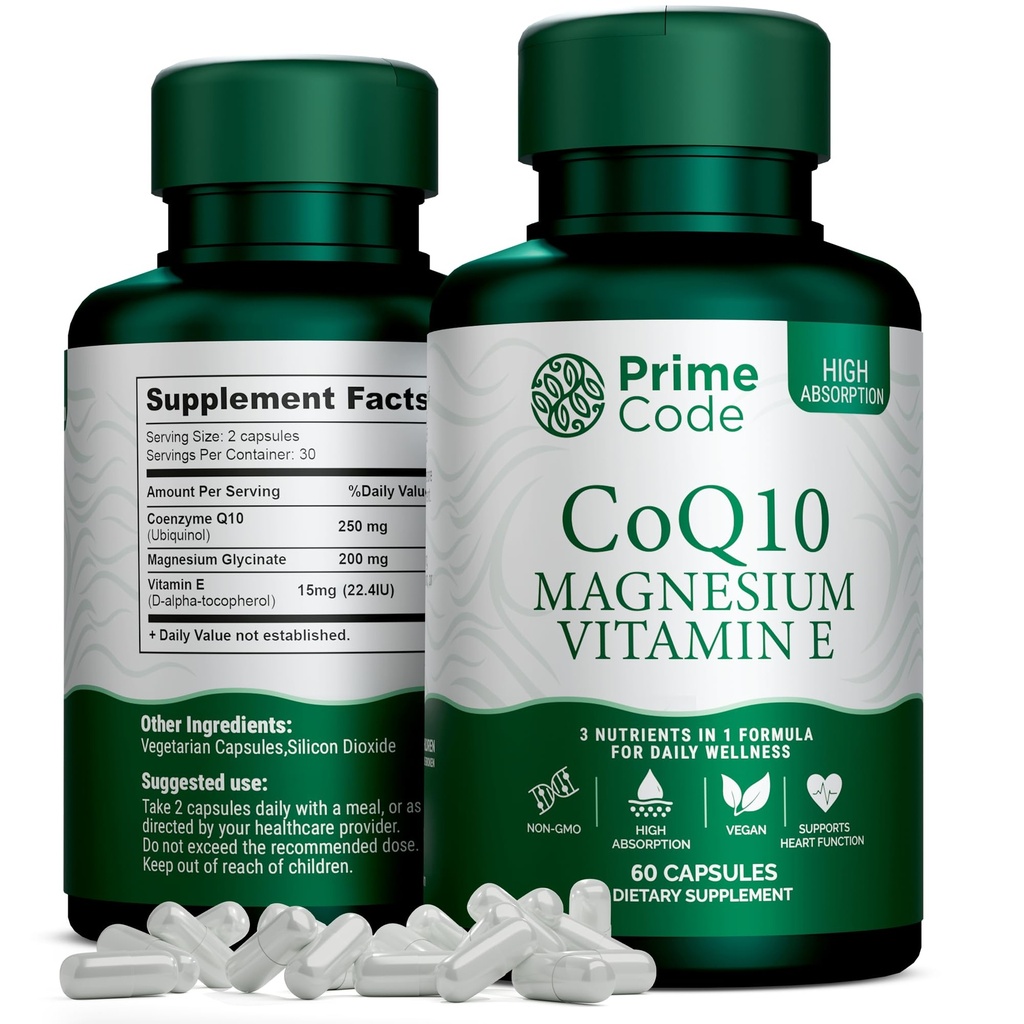 Code Prime [ 3 sur 1] CoQ10 250mg avec du glycin de magnésium et de la vitamine E. Capsules CoQ10 250mg.