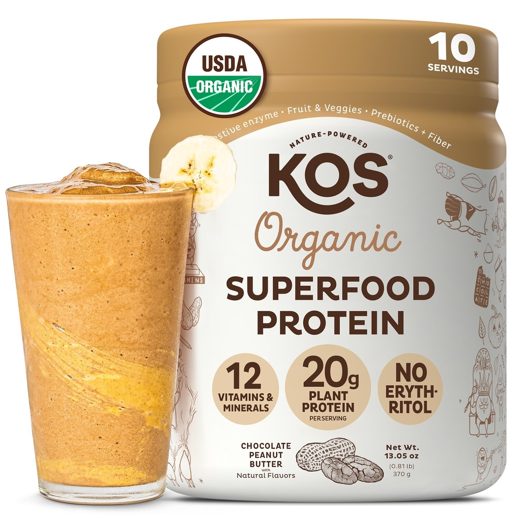 KOS Poudre de protéines végétaliennes, beurre d'arachide au chocolat - Mélange de protéines de pois à faible teneur en glucides, suraliment biologique de l'USDA avec vitamines et minéraux - Keto, Soy, Laiterie - Remplacement des repas pour les femmes et les hommes - 10 portions