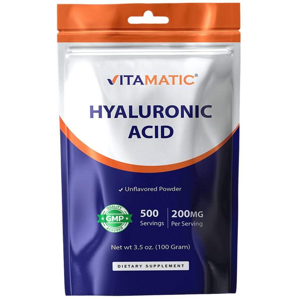 Poudre d'acide hyaluronique vitamatique 200mg - Soutient des tissus et des articulations conjonctifs sains - Promouvoir la peau saine jeune - 100 Gram