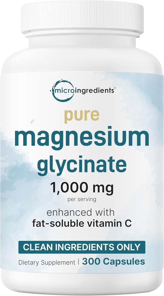 Pure Magnesium Glycinate 1000mg, 300 Kapseln | 100% Chelat für Max Absorption | Unterstützung für Schlaf, Muskel, Herz und Nerve Gesundheit | Verbessert mit Vitamin C | Nur verwendet aktive Inhaltsstoffe