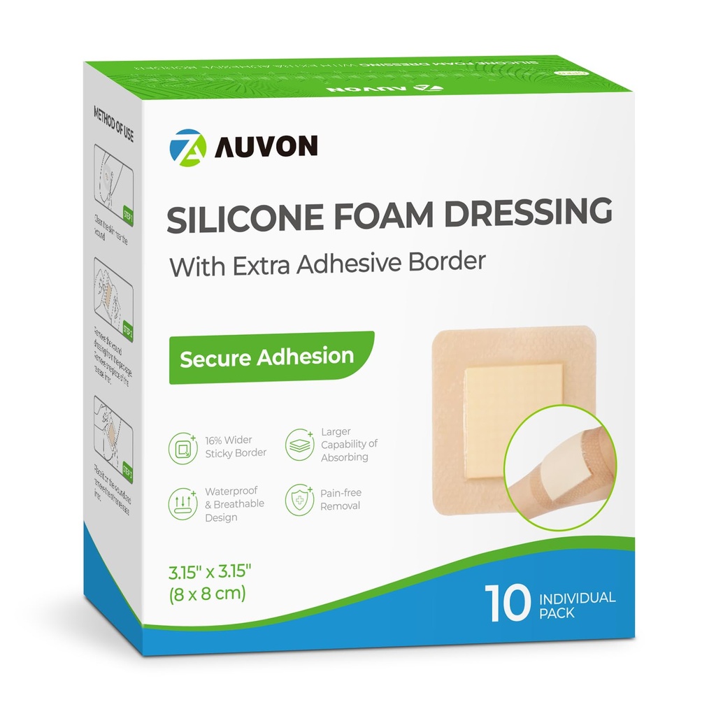 AUVON Silikon Schaum Dressing mit großen Adhesive Border, 3" x 3" 10 Packungen Wound Dressing Bandage mit hoher Saugfähigkeit, wasserdicht Silikonschaum Pads für Wound Care & Protection Plus Kissen