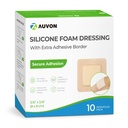 AUVON Silicone Foam Dressing with Large Adhesive Border, 3" x 3" 10 Packs Wound Dressing Bandage with High Absorbency, Waterproof Silicone Foam Pads for Wound Care & Protection Plus Cushioning