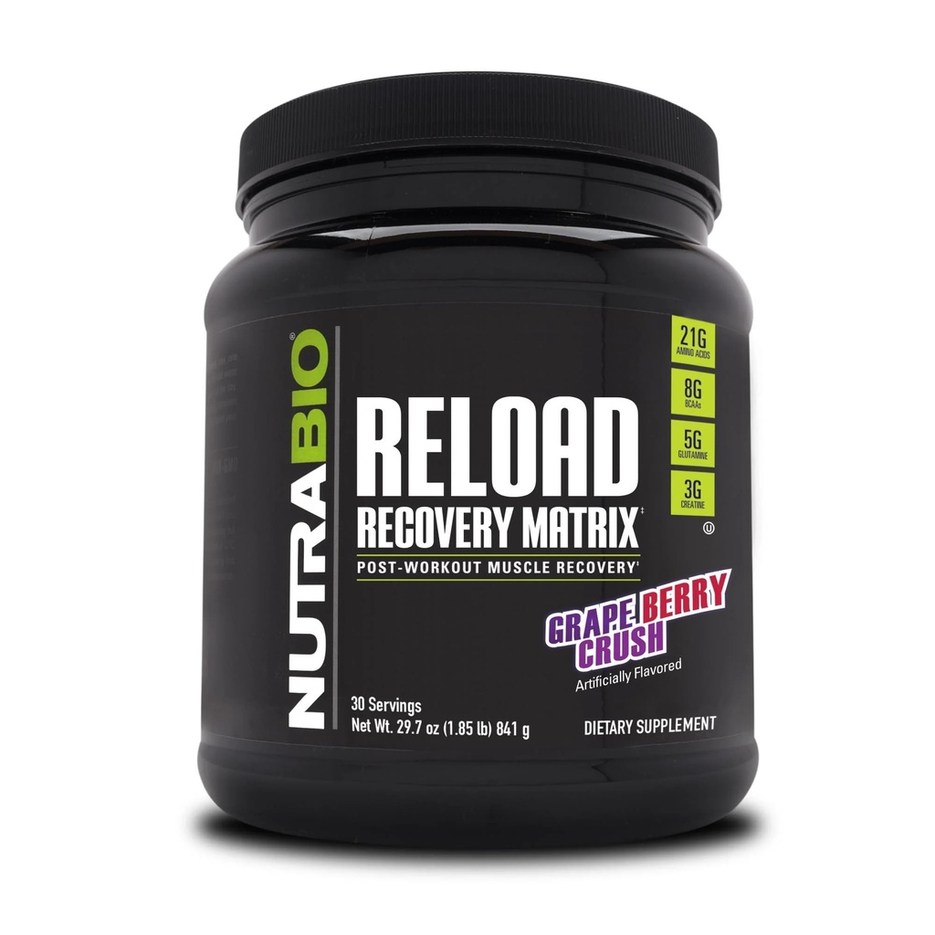 NutraBio Reload - Leistungsstarke Muskel-Recovery-Formel - Nach-Workout-Ergänzung - 3G Creatine - 8G BCAAs - 5G Glutamin - 30 Servierungen, Grape Berry Crush