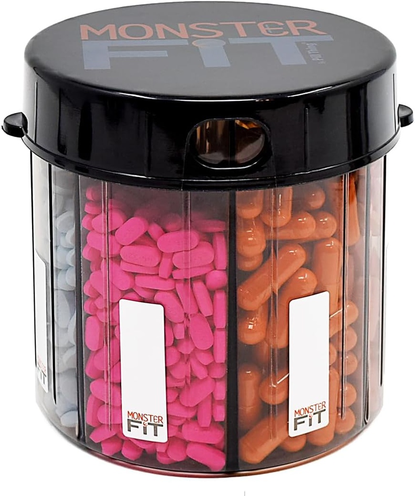 XL Supplement Pill Dispenser Bottle, 7 Compartment, Labels, Easy Open, Anti-Mixing, UV-geschützter Organizer, Extra Large Monthly Vitamin, Monster Fit Medication Holder Inklusive Premium Medisafe App